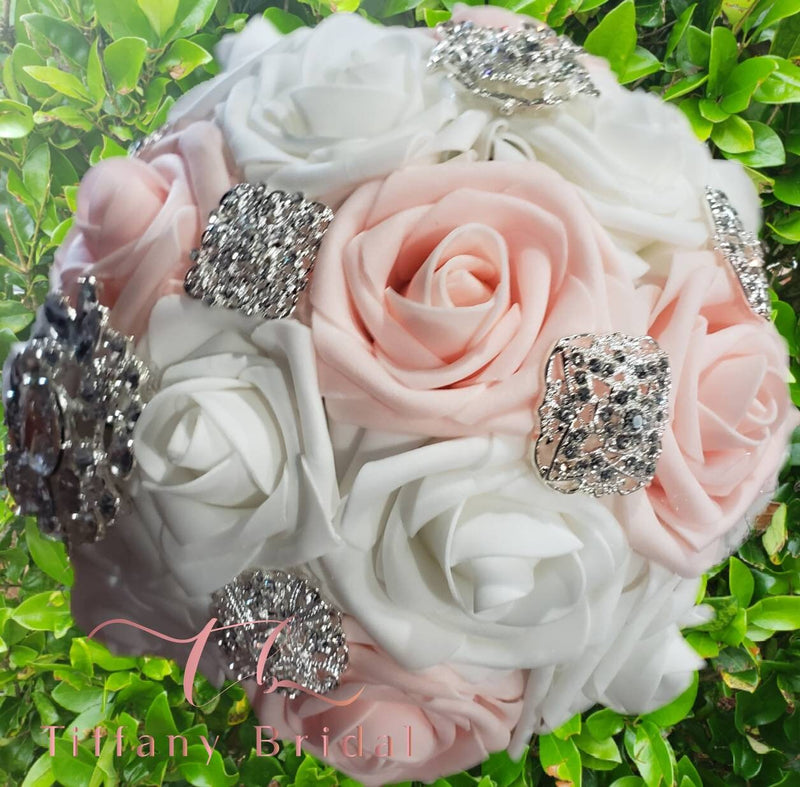 Blush White Pink Rose Brooch Wedding Bouquet