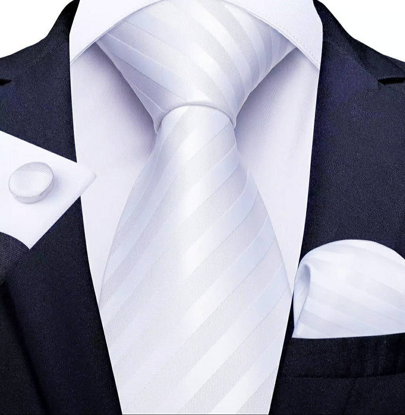 Men's Silk Necktie | Pocket Square | Woven Cufflink Set Light Mauve, White, Light Grey