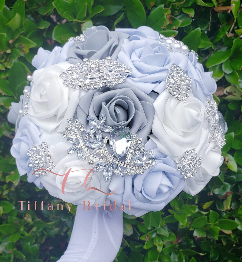 Light Blue, Gray Wedding Brooch Bouquet