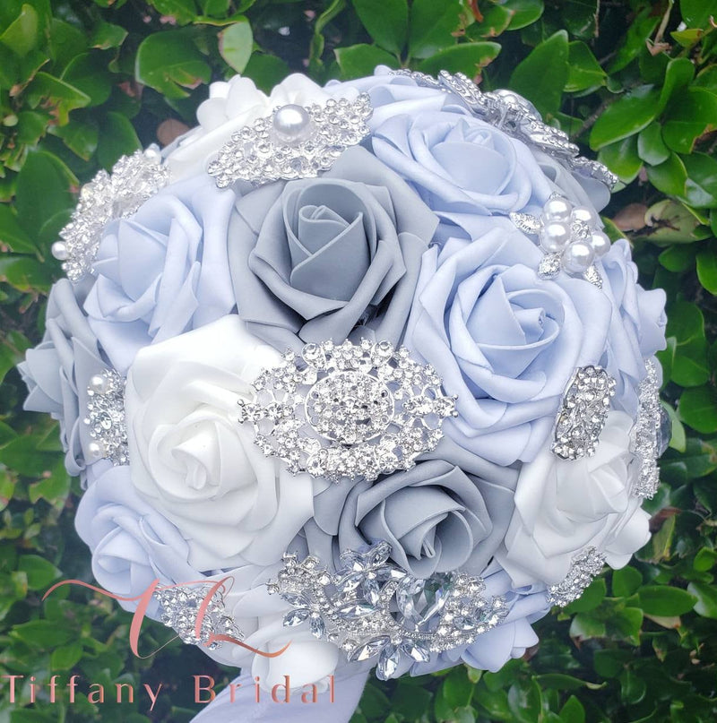 Light Blue, Gray Wedding Brooch Bouquet