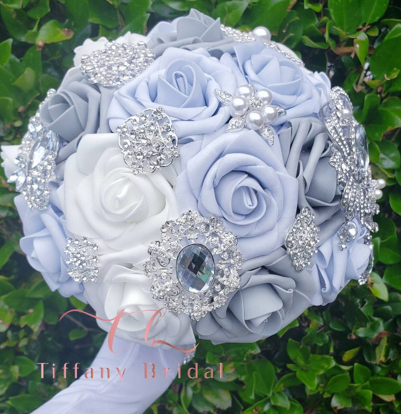 Light Blue, Gray Wedding Brooch Bouquet – Tiffany Bridal