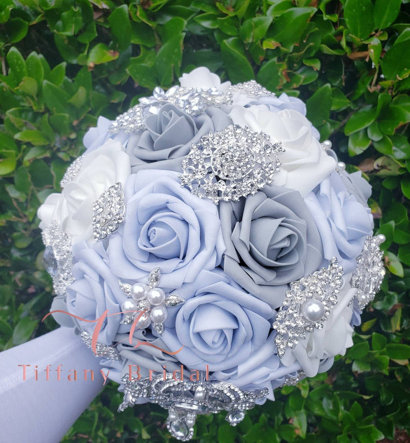 Grey, White, Blue Wedding Bouquet, Brooch, Bridal, Keepsake, Toss, Wedding, Flowers, Bridesmaid, Blue & Baby Blue, Grey, White, Quinceanera