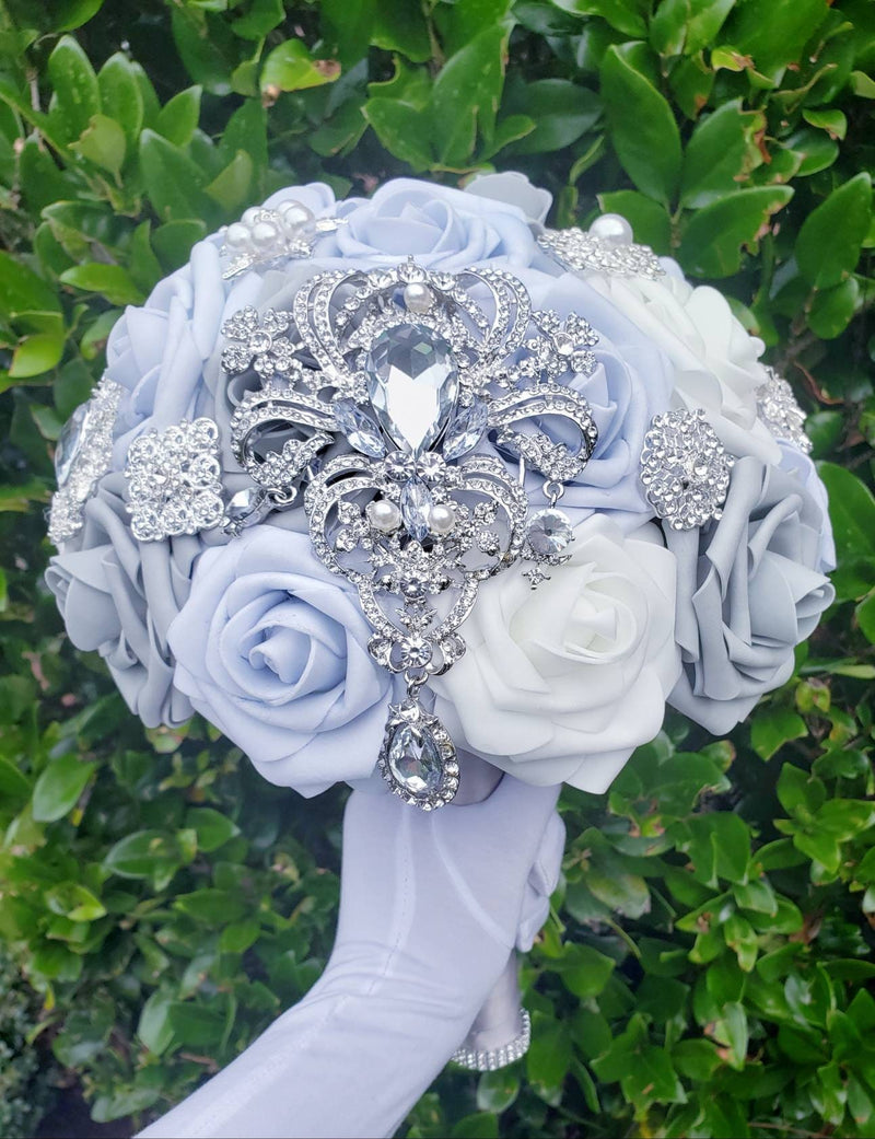 Grey, White, Blue Wedding Bouquet, Brooch, Bridal, Keepsake, Toss, Wedding, Flowers, Bridesmaid, Blue & Baby Blue, Grey, White, Quinceanera