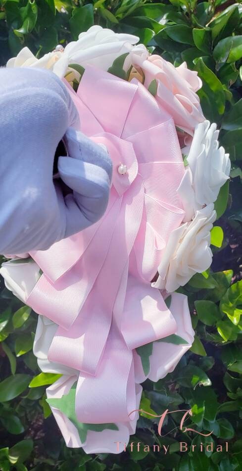 Cascading Pink White Rose Wedding Bouquet
