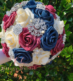 Navy Blue Ivory Burgundy Brooch Bouquet