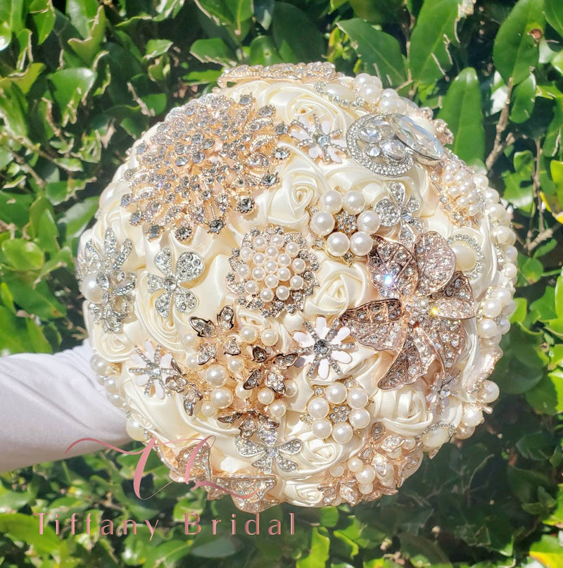 Ivory Satin Pearl Rhinestone Brooch Bouquet