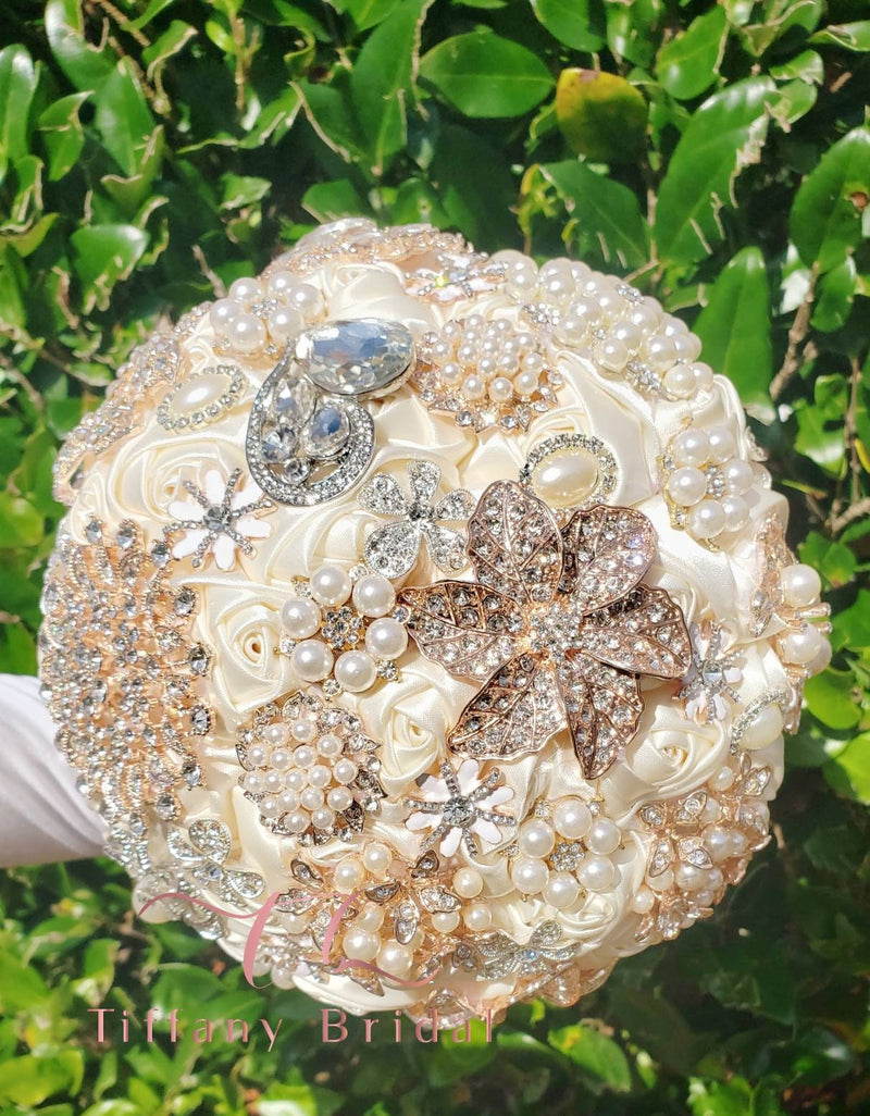 Ivory Satin Pearl Rhinestone Brooch Bouquet