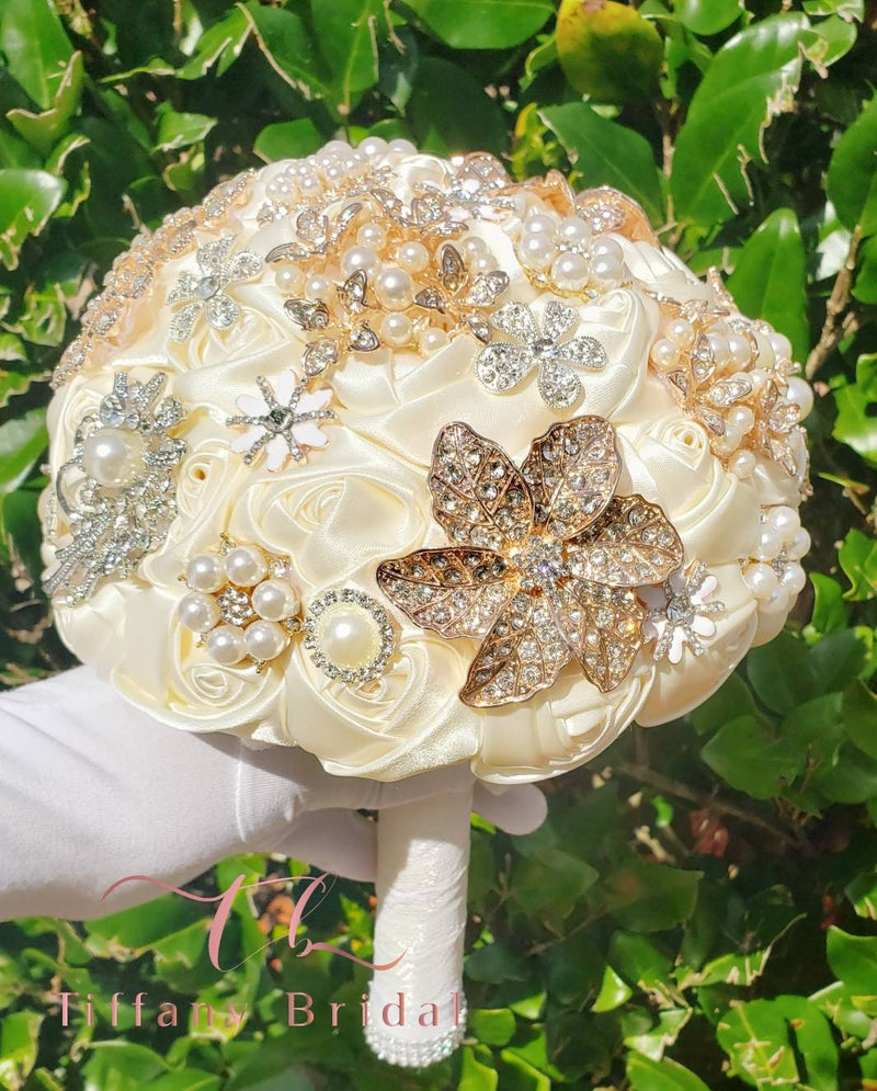 Ivory Satin Pearl Rhinestone Brooch Bouquet