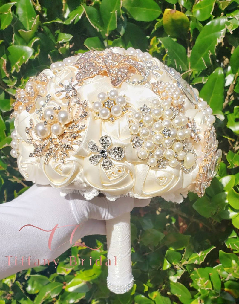 Ivory Satin Pearl Rhinestone Brooch Bouquet
