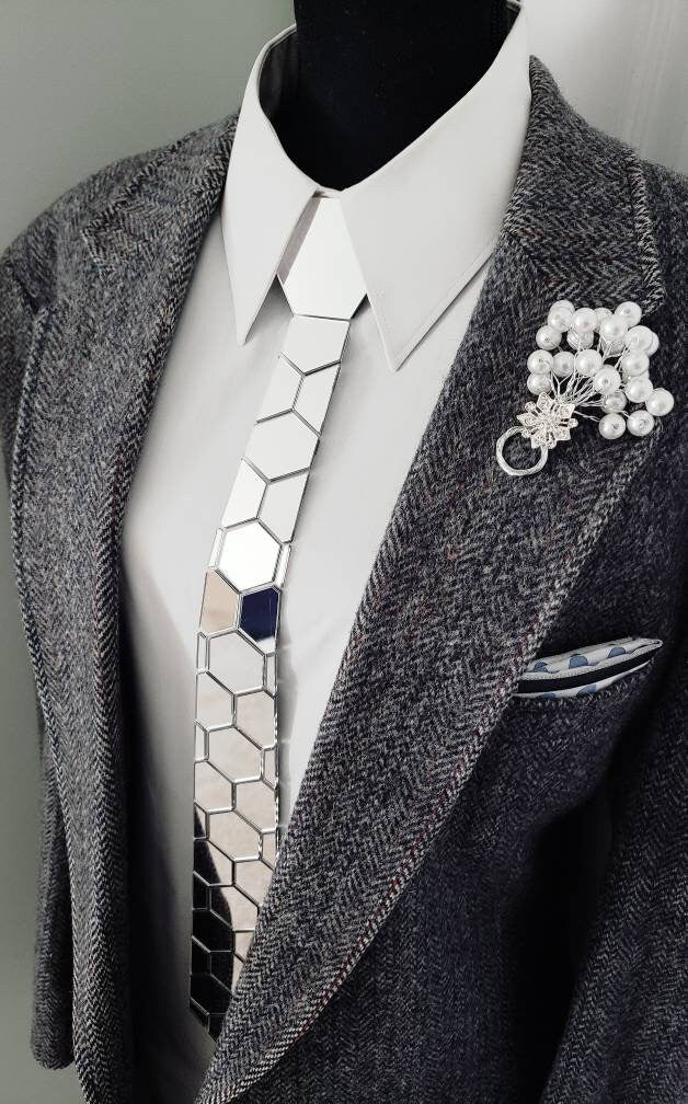 Silver Mirror Acrylic Neckties | Silver | Hexagon Silver