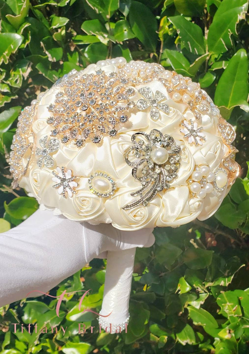 Ivory Satin Pearl Rhinestone Brooch Bouquet