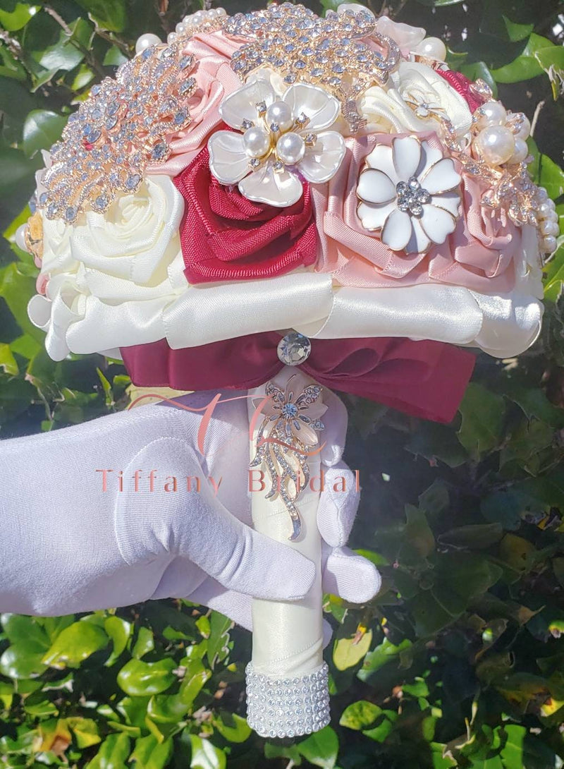 Red and Pink Wedding Brooch Bouquet