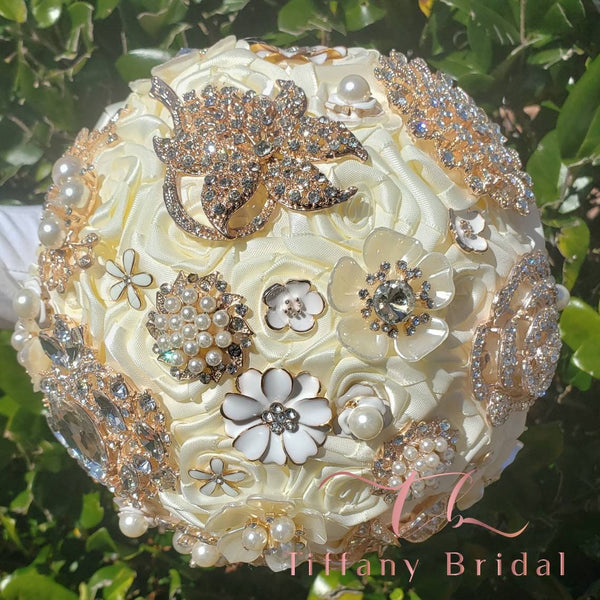 Ivory Satin Rose Brooch Wedding Bouquet