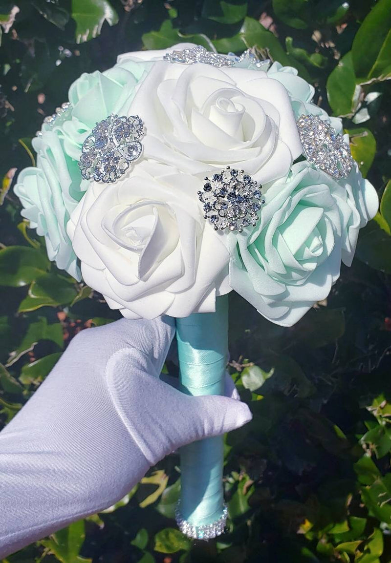 Sage and White Rose Wedding Bouquet