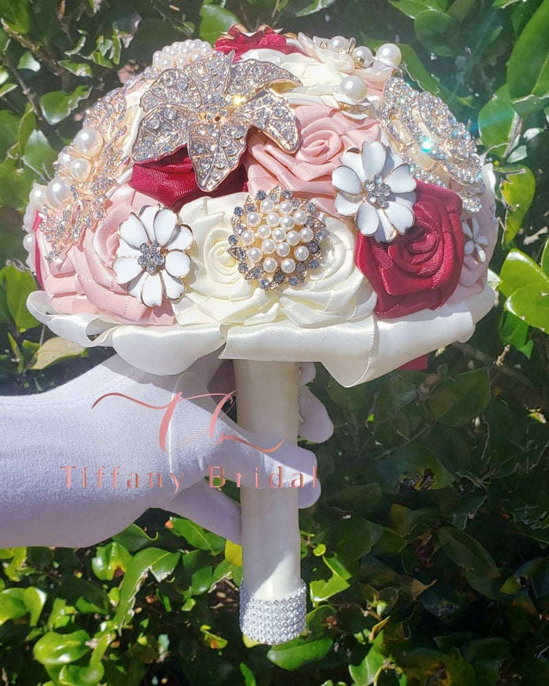 Red and Pink Wedding Brooch Bouquet