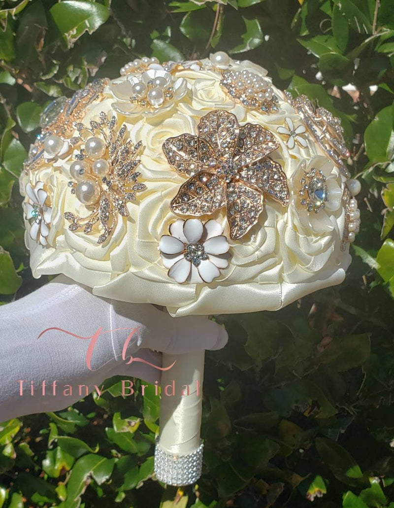 Ivory Satin Rose Brooch Wedding Bouquet