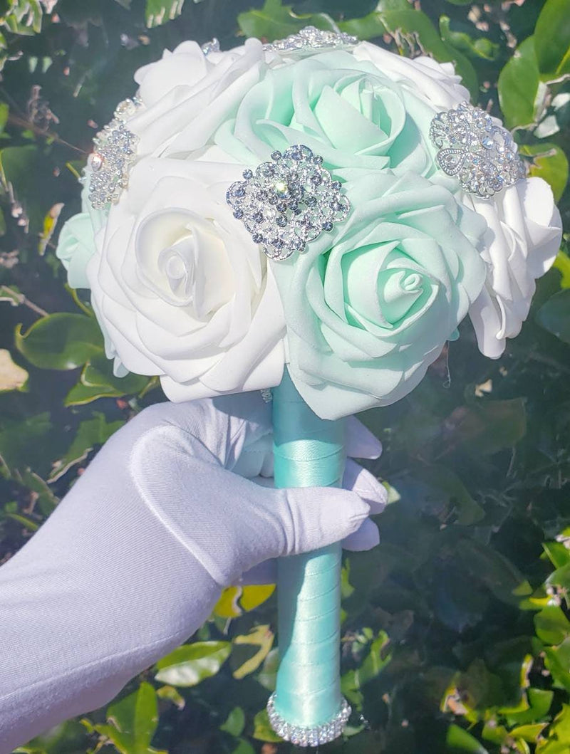 Sage and White Rose Wedding Bouquet