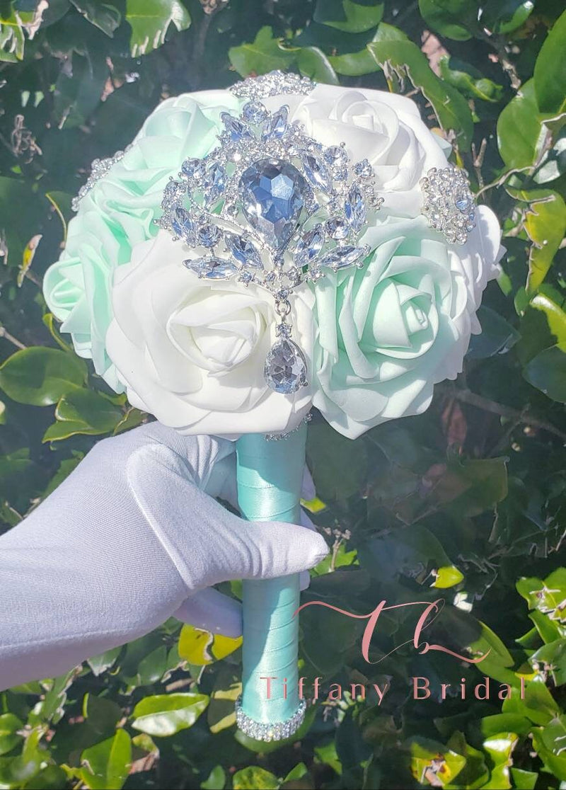 Sage and White Rose Wedding Bouquet