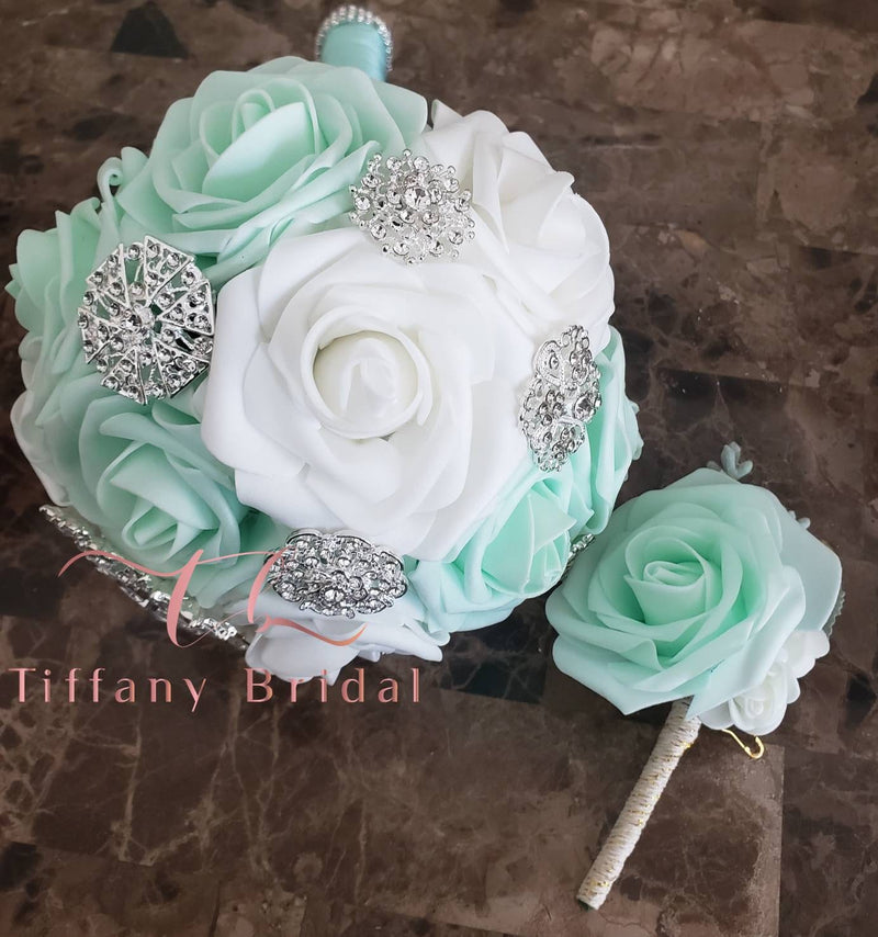 Sage and White Rose Wedding Bouquet