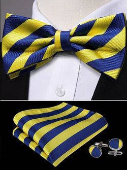 Silk Bowtie (Pre-Tied) & Pocket Square with Woven Cufflink Set Navy/Yellow