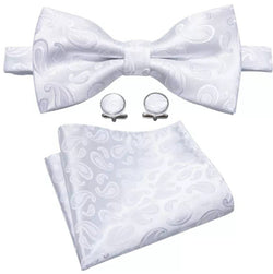 Silk Bowtie (Pre-Tied) & Pocket Square with Woven Cufflink Set White