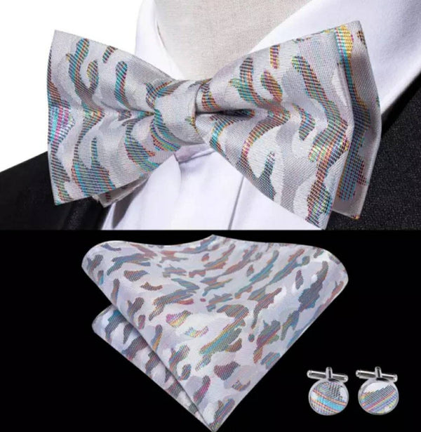 Silk Bowtie (Pre-Tied) & Pocket Square with Woven Cufflink Set Grey/Multi-colored