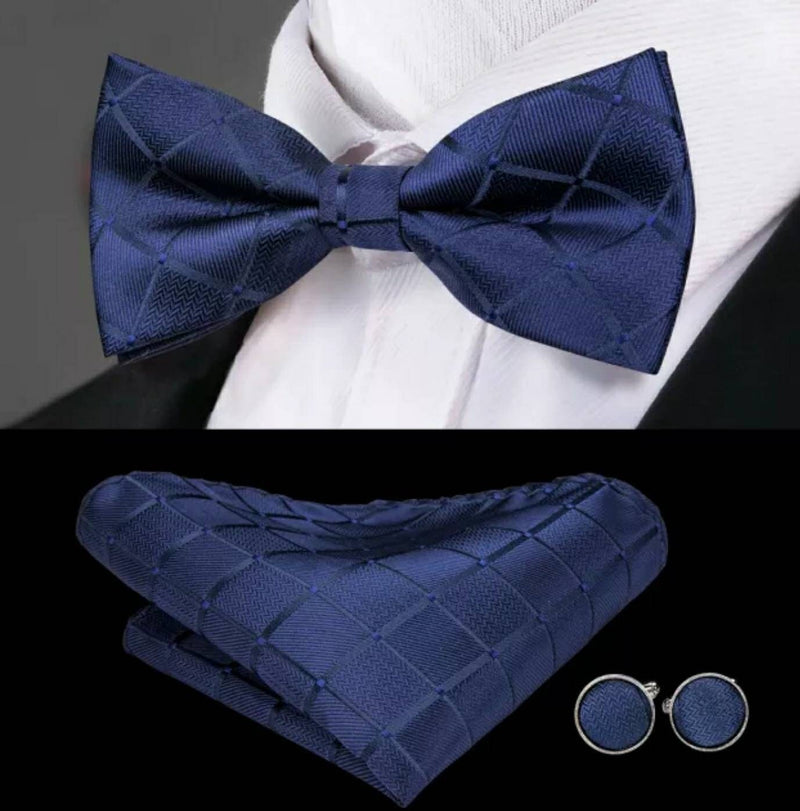 Men's Silk Bowtie and Pocket Square with Woven Cufflink Set
