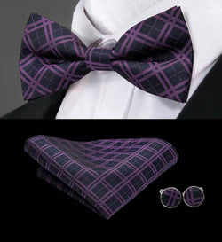 Silk Bowtie (Pre-Tied) & Pocket Square with Woven Cufflink Set Purple/Black