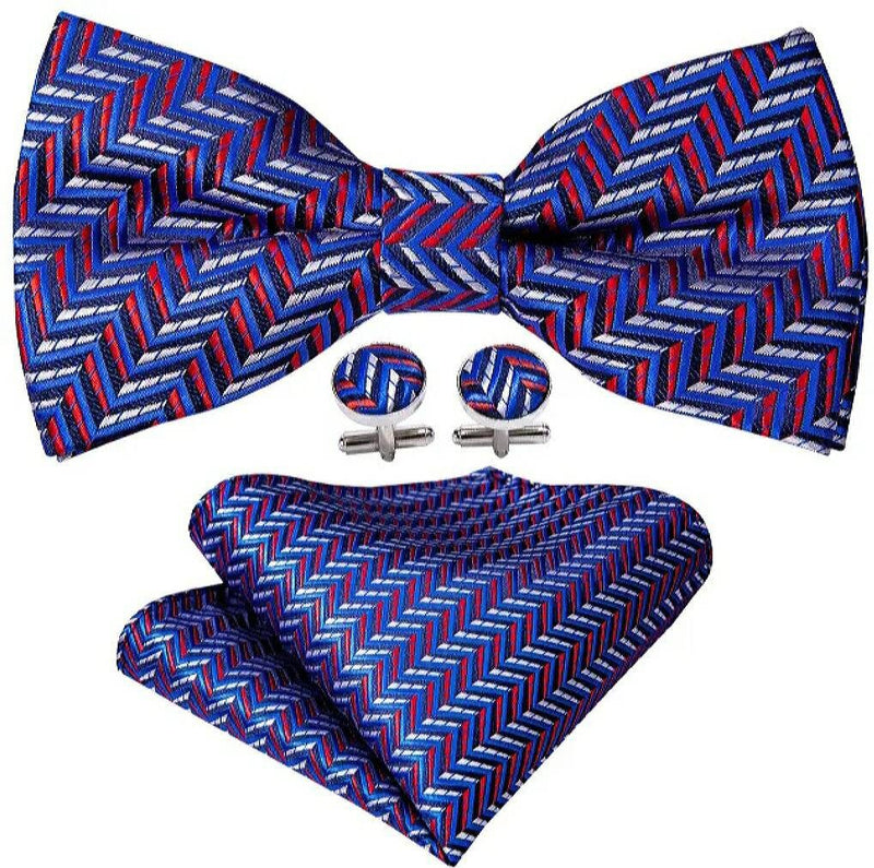 Men's Silk Bowtie | Pocket Square | Woven Cufflink Set | Pre-Tied Red/White/Blue