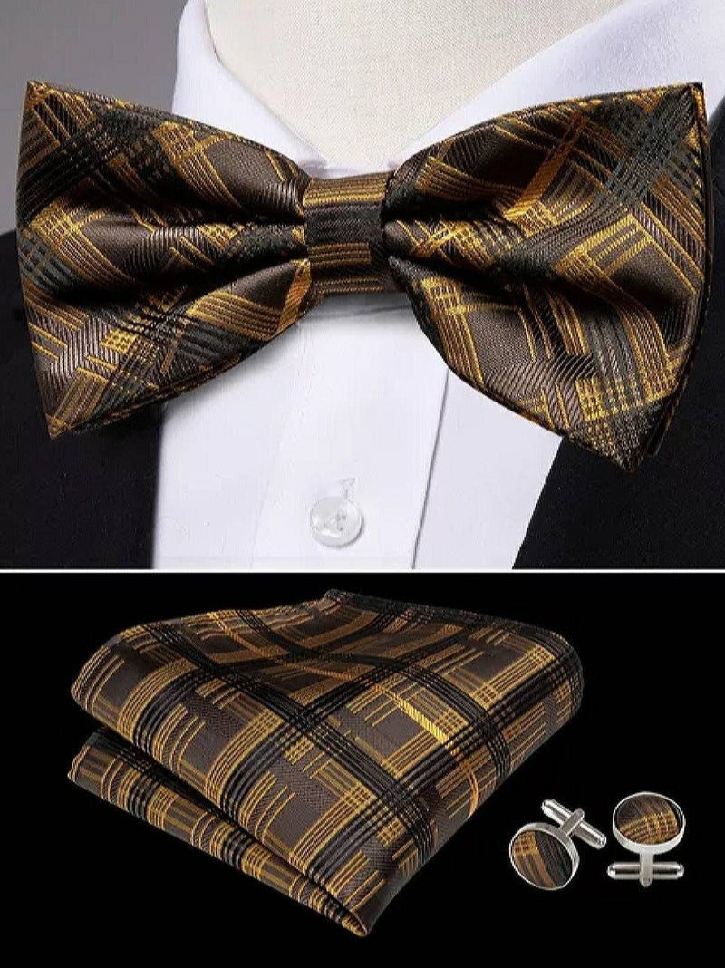 Men's Silk Bowtie | Pocket Square | Woven Cufflink Set | Pre-Tied Brown/Gold