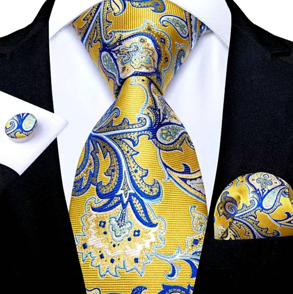 Men's Silk Necktie | Pocket Square | Woven Cufflink Set Yellow/Blue