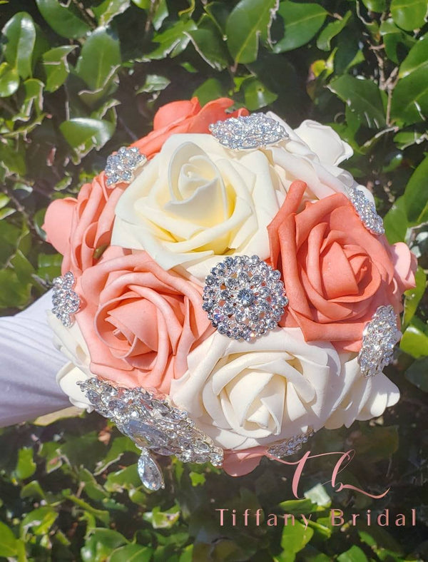 Coral and Cream Rose Wedding Bouquet-Brooch Bouquet-Bridal Bouquet-Keepsake Bouquet-Toss Bouquet-Wedding Flowers-Bridesmaid Bouquet