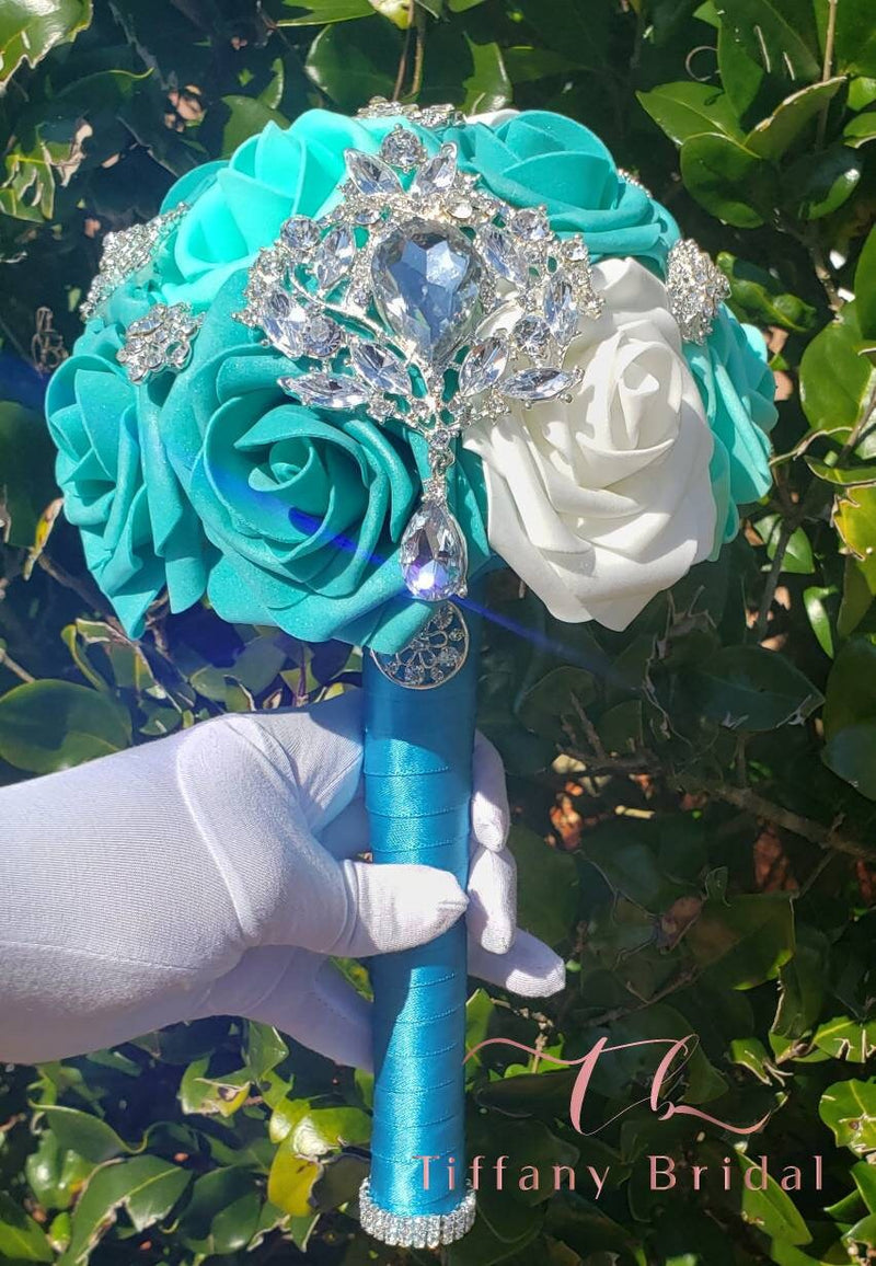 Teal and White Rose Wedding Bouquet-Brooch Bouquet-Bridal Bouquet-Keepsake Bouquet-Toss Bouquet-Wedding Flowers-Bridesmaid Bouquet