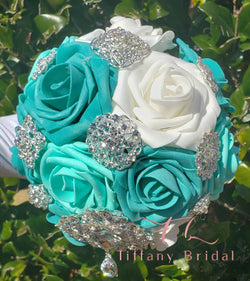 Teal and White Rose Wedding Bouquet-Brooch Bouquet-Bridal Bouquet-Keepsake Bouquet-Toss Bouquet-Wedding Flowers-Bridesmaid Bouquet