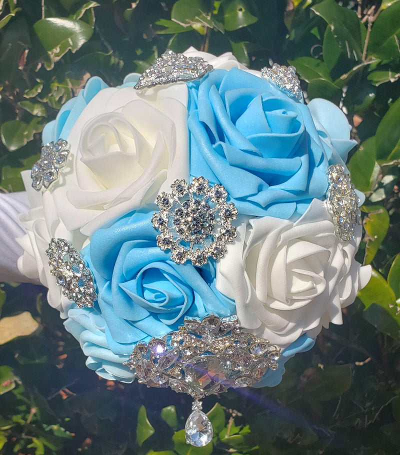 Light Blue and White Rose Wedding Bouquet-Brooch Bouquet-Bridal Bouquet-Keepsake Bouquet-Toss Bouquet-Wedding Flowers-Bridesmaid Bouquet