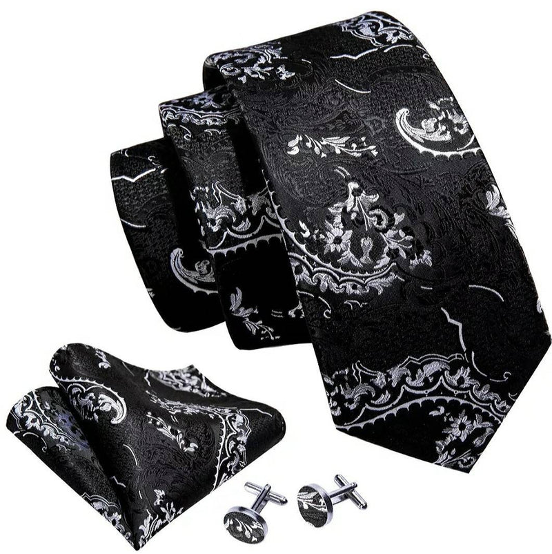 Men's Silk Necktie | Pocket Square | Woven Cufflink Set Black/Grey