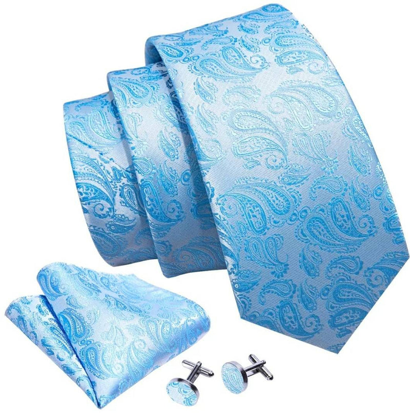 Men's Silk Necktie | Pocket Square | Woven Cufflink Set Light Blue