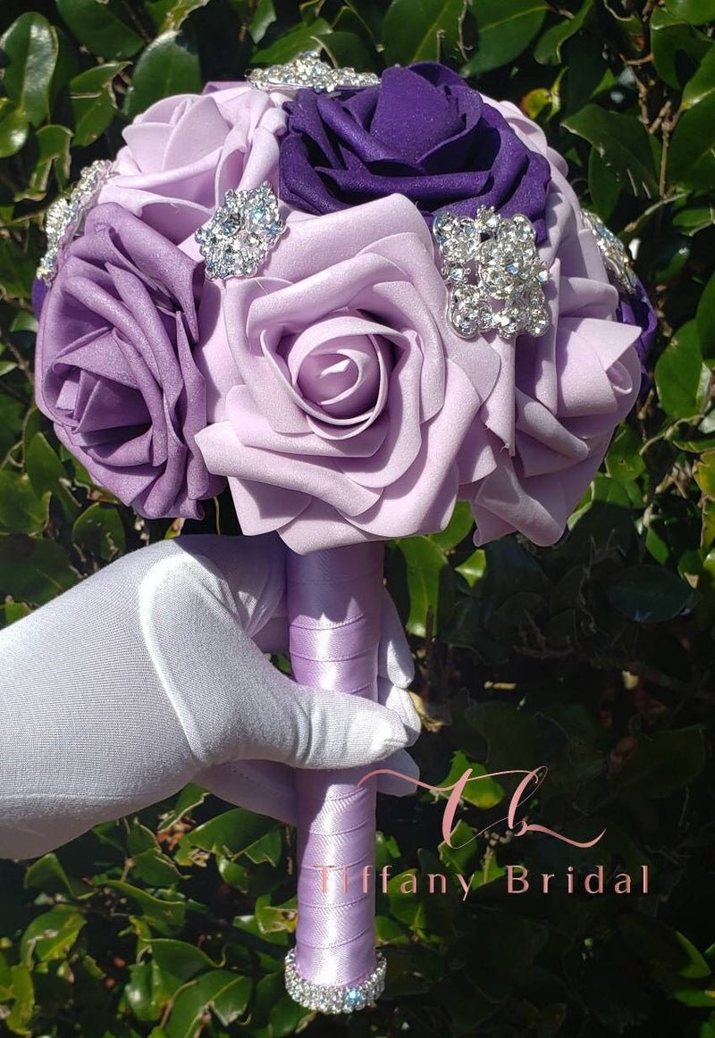 Shades of Purple Rose Wedding Bouquet-Brooch Bouquet-Bridal Bouquet-Keepsake Bouquet-Toss Bouquet-Wedding Flowers-Bridesmaid Bouquet