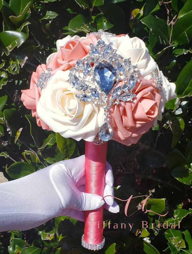 Coral and Cream Rose Wedding Bouquet-Brooch Bouquet-Bridal Bouquet-Keepsake Bouquet-Toss Bouquet-Wedding Flowers-Bridesmaid Bouquet