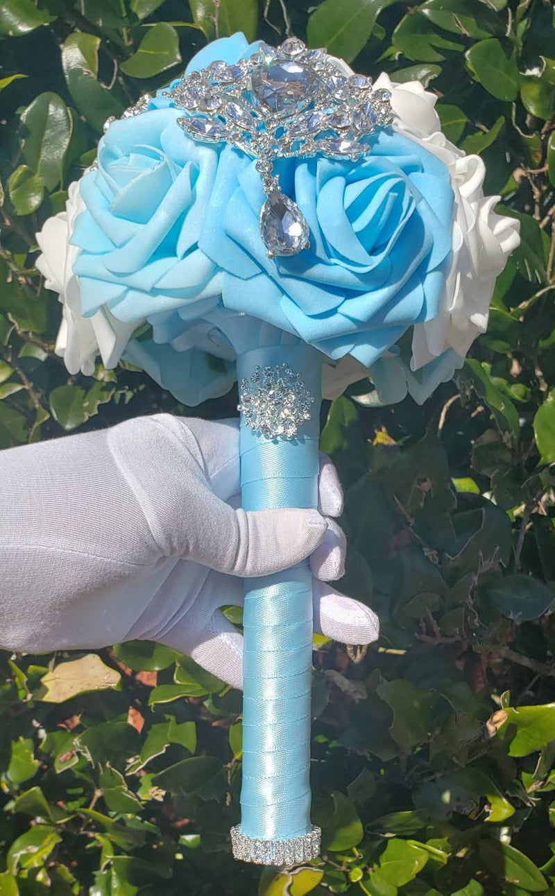 Light Blue and White Rose Wedding Bouquet-Brooch Bouquet-Bridal Bouquet-Keepsake Bouquet-Toss Bouquet-Wedding Flowers-Bridesmaid Bouquet