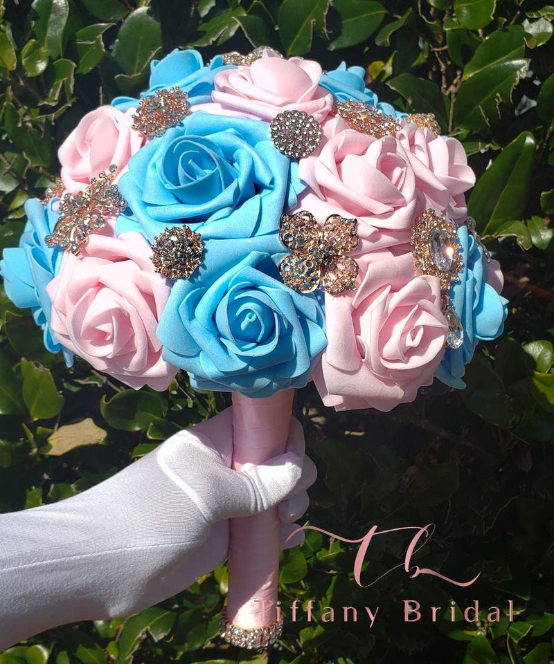 Blue and Pink Rose Wedding Bouquet-Brooch Bouquet-Bridal Bouquet-Keepsake Bouquet-Toss Bouquet-Wedding Flowers-Bridesmaid Bouquet