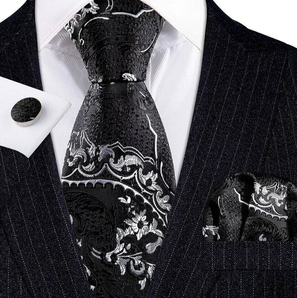 Men's Silk Necktie | Pocket Square | Woven Cufflink Set Black/Grey