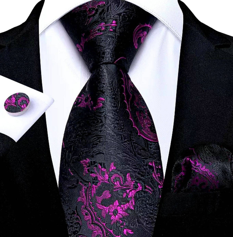 Men's Silk Necktie | Pocket Square | Woven Cufflink Set Black/Orchid
