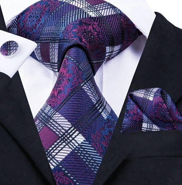 Men's Silk Necktie | Pocket Square | Woven Cufflink Set Navy/Burgundy