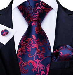 Men's Silk Necktie | Pocket Square | Woven Cufflink Set Red/Navy