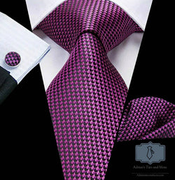Men's Silk Necktie | Pocket Square | Woven Cufflink Set Fuchsia/Black