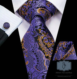 Men's Silk Necktie | Pocket Square | Woven Cufflink Set Lavender/Gold