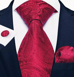 Men's Silk Necktie | Pocket Square | Woven Cufflink Set Red