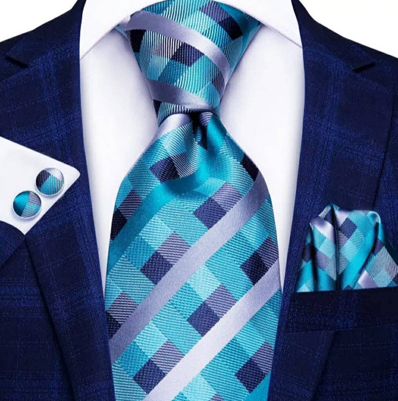Men's Silk Necktie | Pocket Square | Woven Cufflink Set Navy/Turquiose/Grey