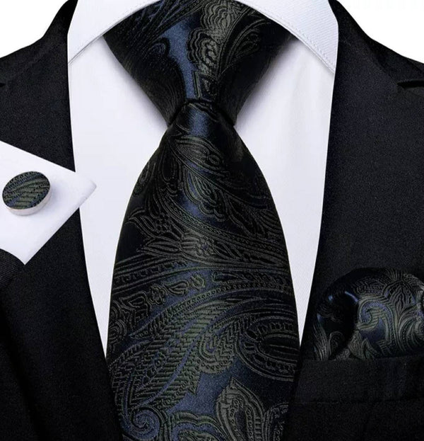 Men's Silk Necktie | Pocket Square | Woven Cufflink Set Black/Navy